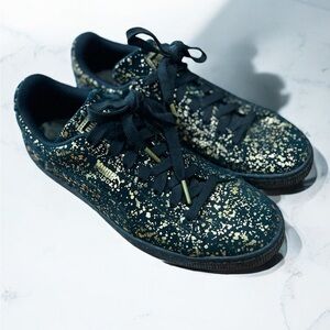 PUMA Suede Black & Gold "Splatter Metallic" - Men's size 10.5